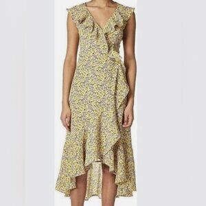 Max Studio Women’s Yellow Floral Midi Wrap Dress Size M NWT